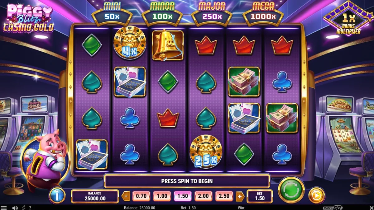 Tampilan visual slot Piggy Blitz Casino Gold dengan tema kasino mewah dan neon